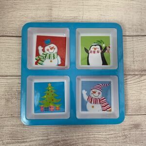 Snowman and Penguin Blue Christmas Serving Tray 4 Compartments 11" x 11"